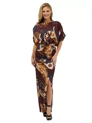 Elevate Boat Neck Batwing Sleeve Bodycon Front Slit Long Maxi Dress by 24seven Comfort Apparel