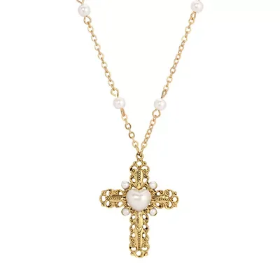 Gold Tone Cross Heart Faux Pearl Necklace 24"