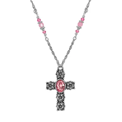 Silver Tone Cross Pink Oval Stone Necklace 28" by Symbols of Faith