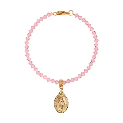 Gold Tone Pink Bead Miraculous Medal Charm Bracelet 7.5" by Symbols of Faith