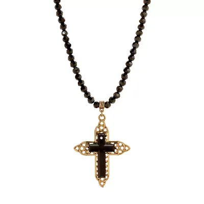 Gold Tone Black Bead Gold/Black Cross Necklace 15" Adj by Symbols of Faith