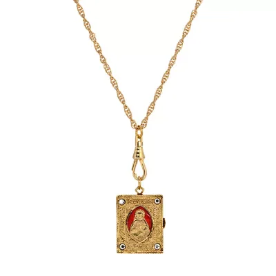 Gold Tone Crystal Red Enamel Locket Necklace 28" by Symbols of Faith