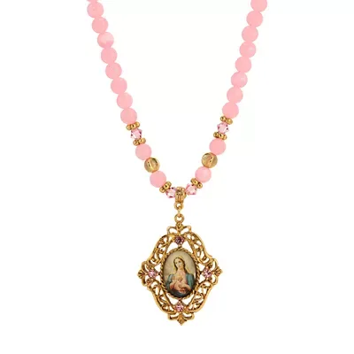Gold Tone Pink Bead Virgin Mary Necklace 15" Adj by Symbols of Faith