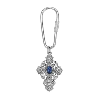 Silver Tone Cross Oval Blue Stone Key Chain by Symbols of Faith