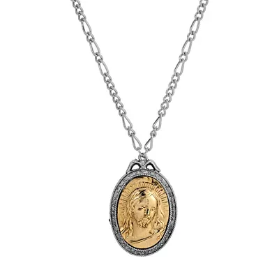 Gold Tone Oval Jesus Pendant Necklace 28" by Symbols of Faith