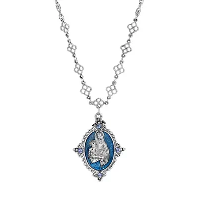 Silver Tone Blue Enamel Mary & Child Necklace 16" Adj by Symbols of Faith