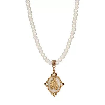 Gold Tone Pearlized Mary & Child Faux Pearl Necklace 15" Adj