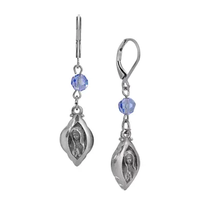 Silver Tone Virgin Mary Blue Bead Drop Earrings by Symbols of Faith