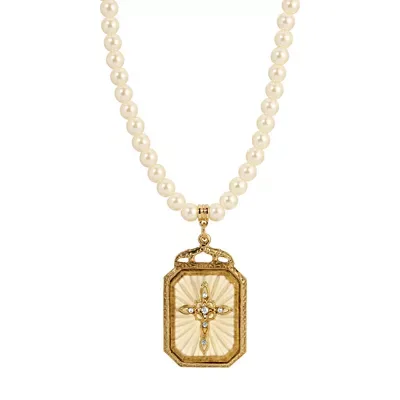 Gold Tone Frosted Lt Topaz Gold Cross Faux Pearl Necklace 15" Adj