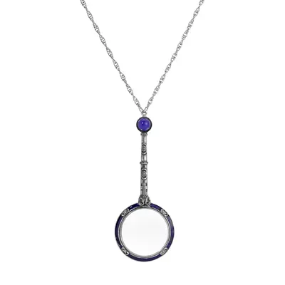 Silver Tone Lapis Stone Blue Enamel Magnifying Necklace 28" by Symbols of Faith