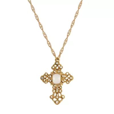 Gold Tone Cross Center Stone Necklace 24" by Symbols of Faith