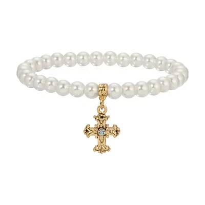 Gold Tone Faux Pearl Cross Charm Stretch Bracelet 7"