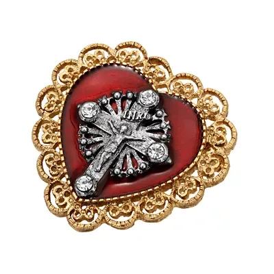 Gold Tone Red Enamel Crucifix Heart Shaped Pin by Symbols of Faith