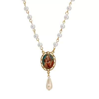 Gold Tone Oval Decal Faux Pearl Drop Necklace 15" Adj by Symbols of Faith