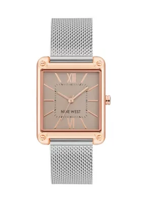 Quartz Rectangle Rose Gold-Tone Stainless Steel Mesh Bracelet Watch