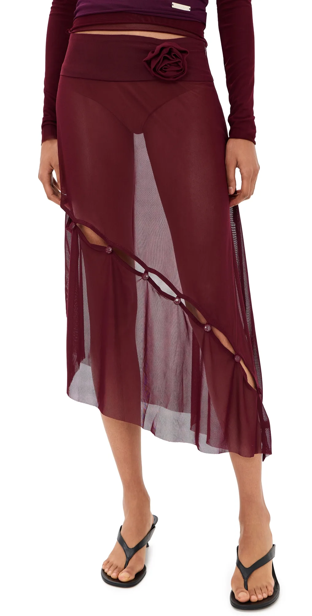 Asymmetric Mesh Skirt with Flower Applique by House of Sunny