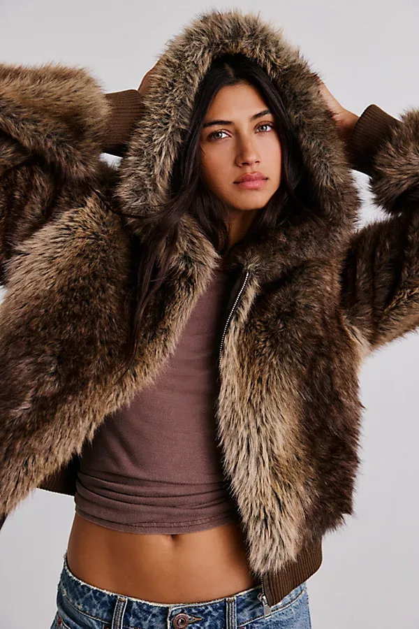 UO Maddy Cropped Faux Fur Hooded Jacket by Urban Outfitters