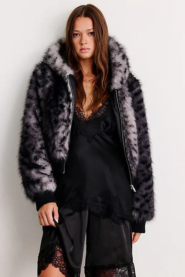 UO Maddy Cropped Faux Fur Hooded Jacket