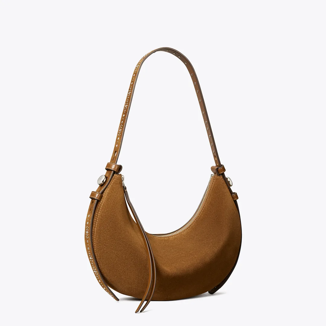 Romy Studded Suede Half Moon Bag by Tory Burch