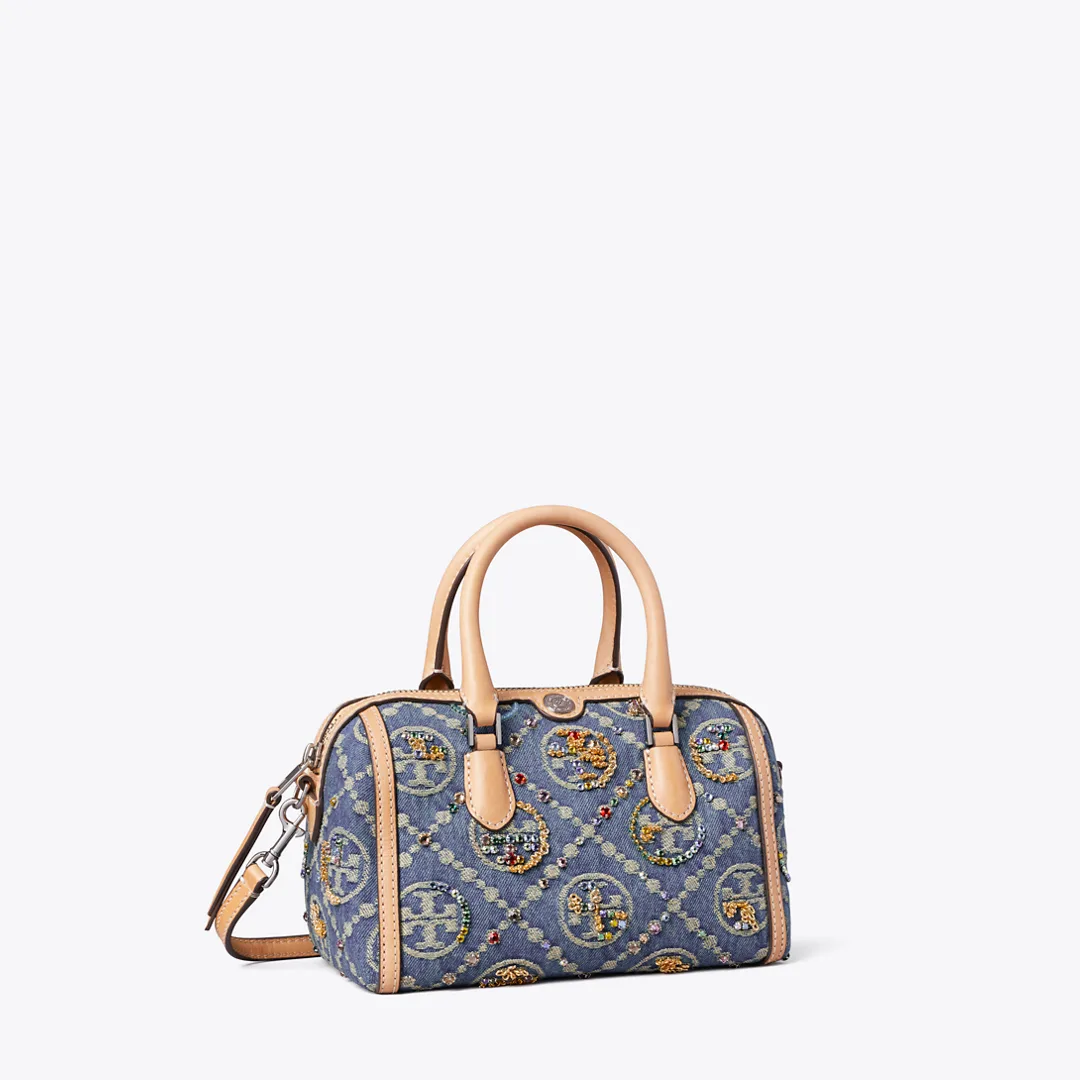 T Monogram Denim Embellished Petite Barrel Bag by Tory Burch