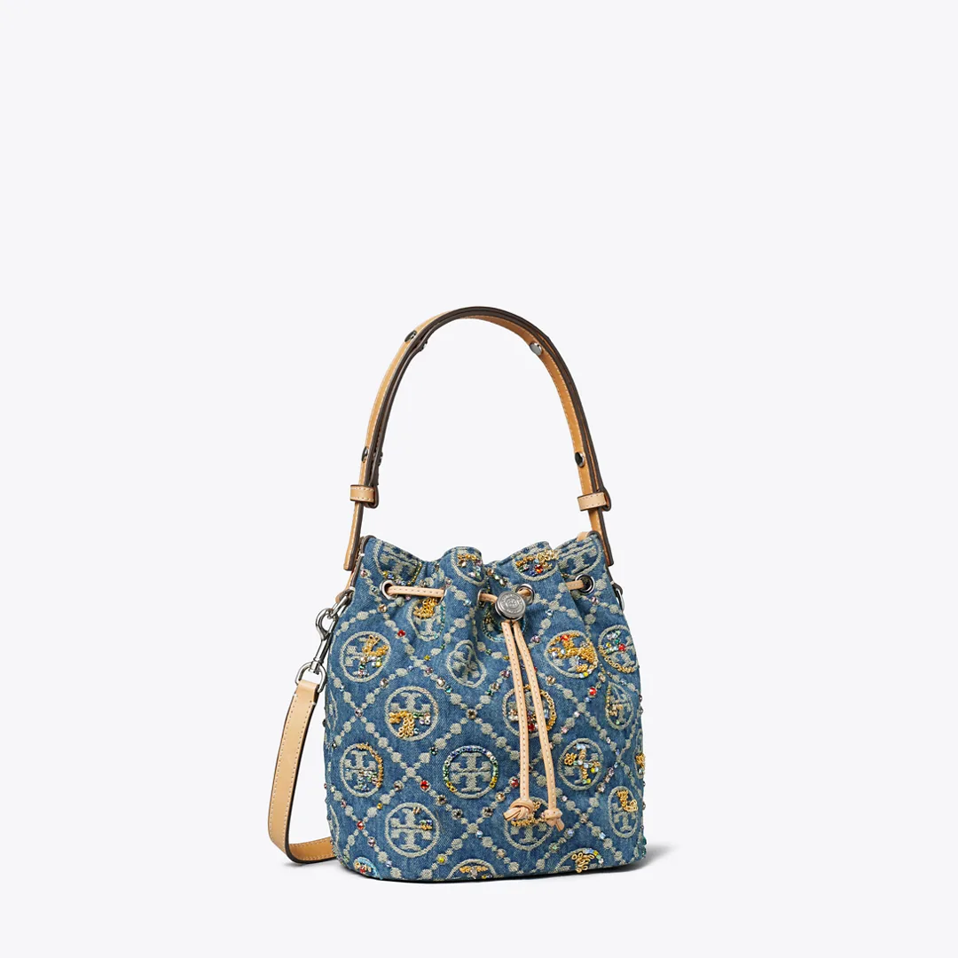 T Monogram Denim Embellished Bucket Bag by Tory Burch