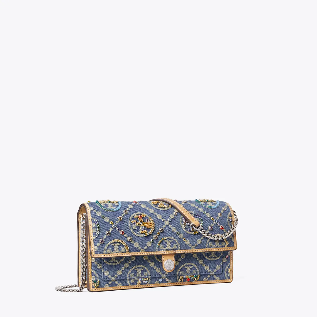 T Monogram Denim Embellished Wallet Crossbody by Tory Burch