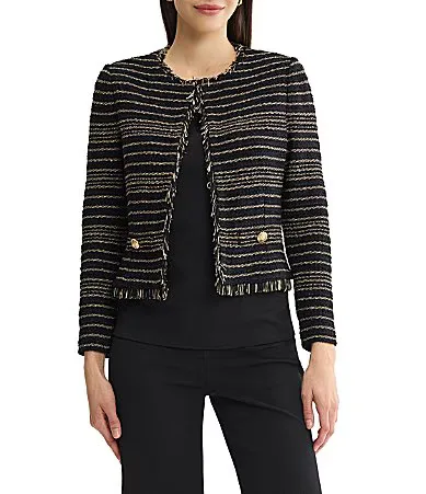 Striped Lurex Tweed Knit Round Neck Long Sleeve Frayed Trim Jacket by Ming Wang