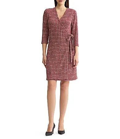 Tweed Jacquard Knit Surplice V-Neck 34 Sleeve Side Tie-Waist Dress