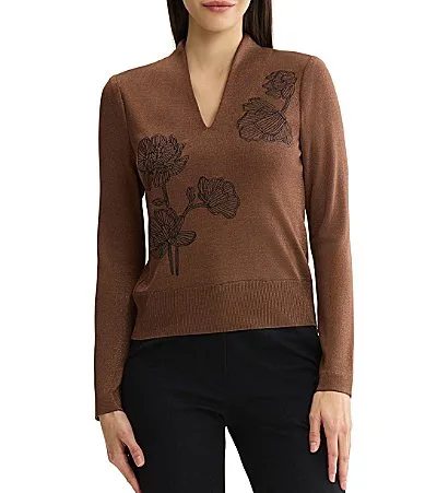 Embroidered Metallic Knit V-Neck Long Sleeve Top by Misook