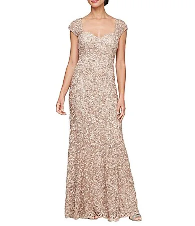 Sweetheart Neck Lace Shawl Soutache Long Gown by Alex Evenings