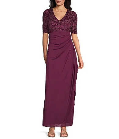 Short Sleeve V-Neck Soutache Bodice Cascade Ruddle Dress by Alex Evenings