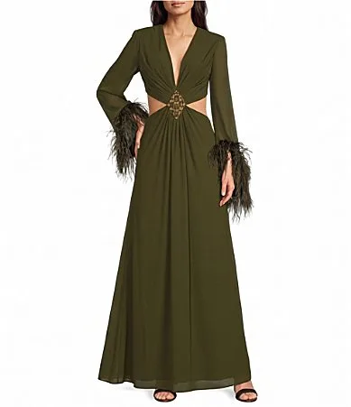 Belle by Badgley Mischka x Bracie Aston Christina Feather Long Sleeve V-Neck Gown by Badgley Mischka