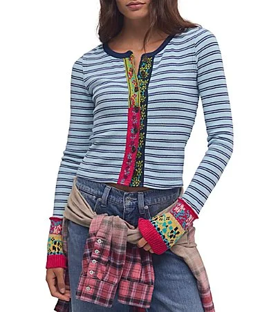 We the Free Noa Embroidered Trim Crew Neck Striped Long Sleeve Cardi Top