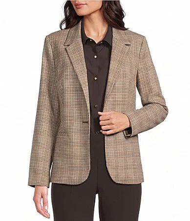 Coffee Plaid Long Sleeve Button Front Blazer by Investments