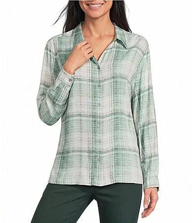 Plaid Long Sleeve Button Front Point Collar Blouse by Allison Daley