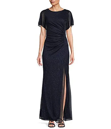 Short Sleeve Round Neck Front Slit Glitter Jersey Dress by Ignite Evenings