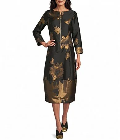 Metallic Woven Golden Bloom Floral Scoop Neck 34 Sleeve Zip-Front Dress by Ic Collection
