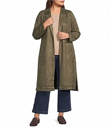 Collared Long Sleeve Faux Suede Duster Jacket by Skies Are Blue