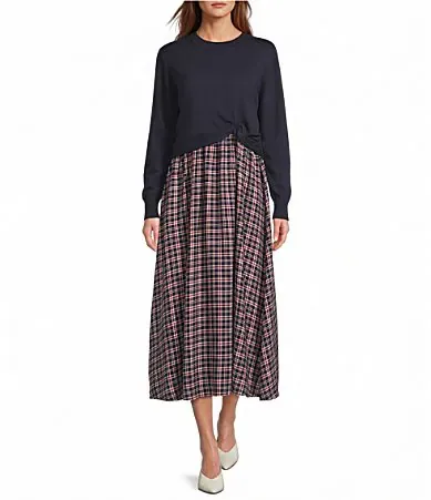 Mix Media Plaid Printed Crew Neck Long Sleeve A-Line Sweater Dress by Skies Are Blue