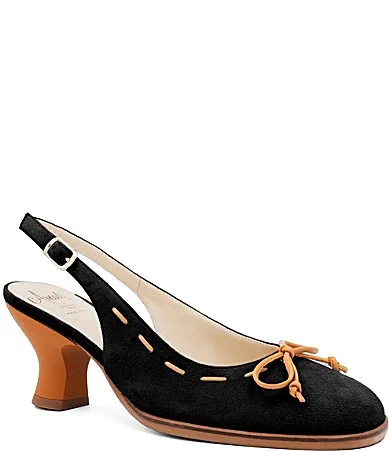 Baila Bow Suede Slingback Block Heel Pumps by Amalfi