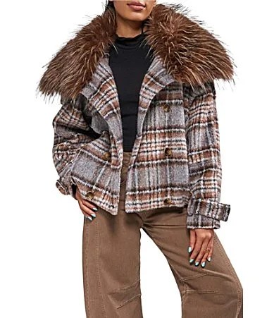 Linnea Plaid Faux Fur Shawl Collar Double Breasted Jacket by Azalea Wang