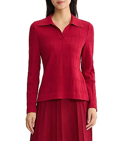Wrinkle-Resistant Geometric Spread Collar Long Sleeve Top by Misook