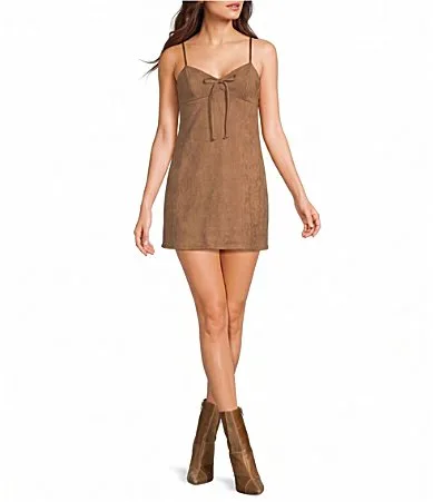 Suede V-Neck Bow Front A-Line Dress