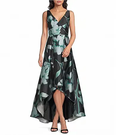 Sleeveless V Neck Floral Print Hi-Lo Mikado Dress by Adrianna Papell