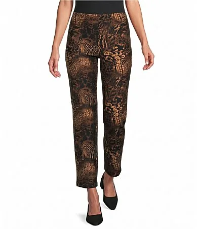 Slim Factor Fit Animal Mix Print Stretch Ponte Knit No Waist Slim Straight Pants by Investments