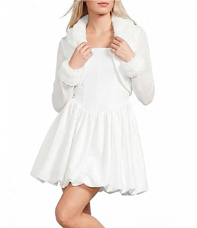 Faux Fur Trim Long Sleeve Open Front Shrug by In San Francisco