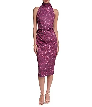 Turtleneck Sleeveless Ruched Waist Midi Sheath Dress by Halston