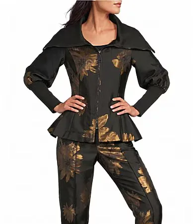 Metallic-Blend Golden Bloom Flower Print Stand Collar 3/4 Blouson Sleeve Coordinating Zip-Up Jacket by Ic Collection