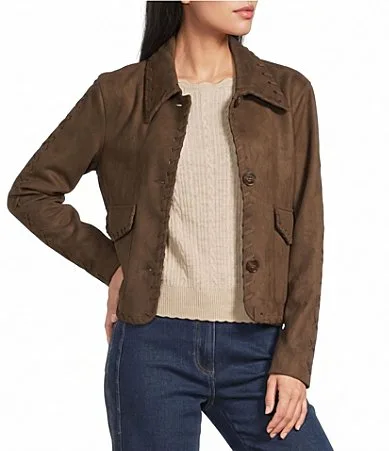Saddle Stitch Faux Suede Collared Long Sleeve Button Front Jacket by Skies Are Blue