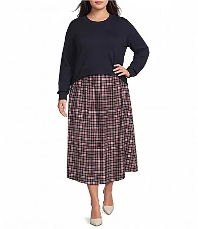 Mix Media Plaid Printed Crew Neck Long Sleeve A-Line Sweater Dress by Skies Are Blue